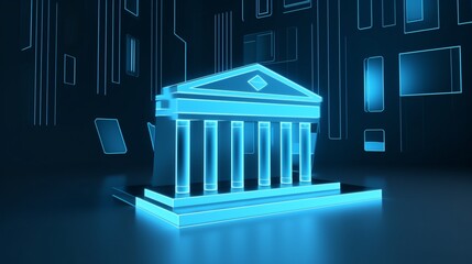 Fototapeta premium Blue digital bank glowing icon on blue tone background. Online banking app and transaction concept. 3D style.