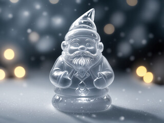 christmas gnome transparent ice sculpture ornament on snow and festive blurry lights