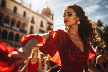 Naklejka premium Beautiful female flamenco dancer in traditional dance dress. Young woman dancing flamenco on oldtown square. Flamenco is traditional Seville dance in Spain