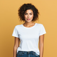 Sexy woman in a white T-shirt on the orange background. Mock-up.