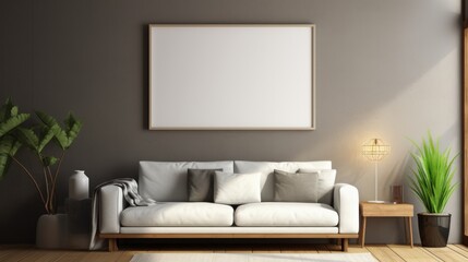 Front view of a modern minimalist living room. Gray wall with poster template, comfortable white couch, coffee table with table lamp, plants in floor pots, home decor. Mockup, 3D rendering.