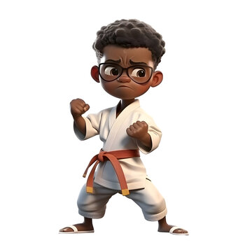 3D Render of an Afro Boy with glasses doing karate