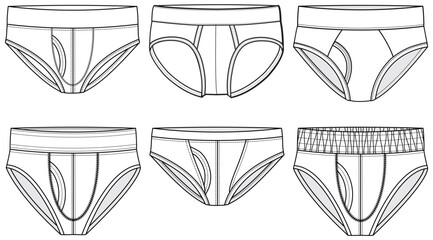 Men's brief underwear set design front and back view flat sketch fashion illustration, Gents trunk under garments drawing vector template - obrazy, fototapety, plakaty