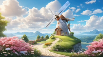 Renewable Energy Amidst Lush Green Landscape and Flowering Plants