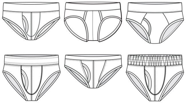 Men's brief underwear set design front and back view flat sketch fashion illustration, Gents trunk under garments drawing vector template