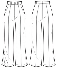 Women's flare pants trouser flat sketch fashion illustration front and back view, Wide leg boot cut pant design