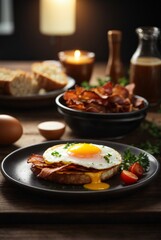 Fototapeta na wymiar photo bacon and egg breakfast on wooden table