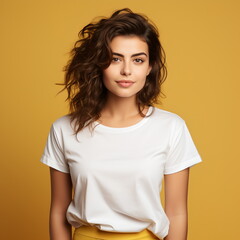 Obraz premium Sexy woman in a white T-shirt on the orange background. Mock-up.