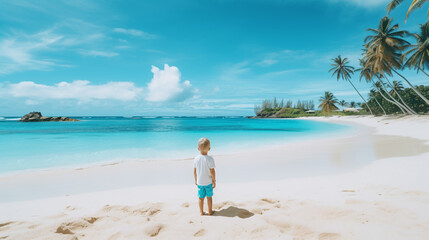 Fototapeta na wymiar A little boy on vacation on a beach background, back view, looking at the turquoise ocean