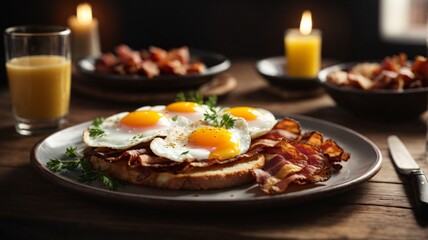 photo bacon and egg breakfast on wooden table