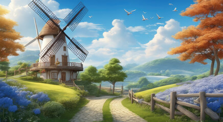 Renewable Energy Amidst Lush Green Landscape and Flowering Plants