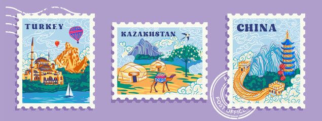 modern stamp collection kazakhstan, turkey, china, Flat style stamp set, Flat design landscape stamp set, Handmade postage stamp set