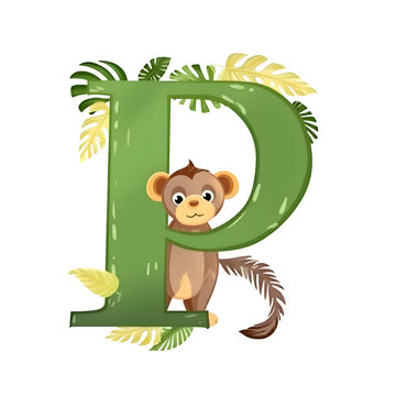 Cute animal alphabet. Letter P with monkey. Vector illustration.