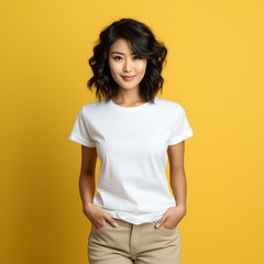 Fototapeta premium Sexy woman in a white T-shirt on the orange background. Mock-up.