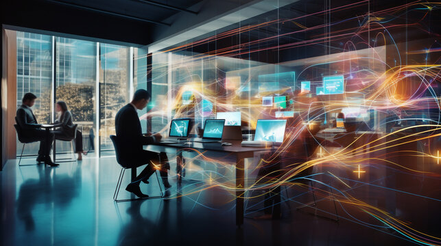 Dynamic Light Trails in AI-Infused Modern Office: Multimedia Glow and E-Learning Ambiance