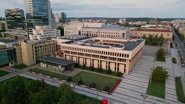Aerial camera view of the Lithuania Parliament Seimas in Vilnius