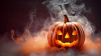 Halloween pumpkins, jack-o-lantern in smoke