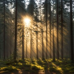 the sun shines through the trees in the forest stock photo, fine art, in front of a forest background, black forest, dense coniferous forest.
