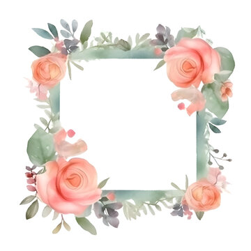 Watercolor floral frame with pink roses and eucalyptus.