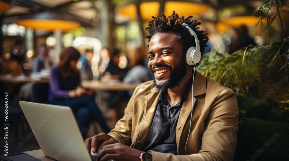 Wall mural Happy young african american man in glasses wearing headphones sitting with laptop and learning.