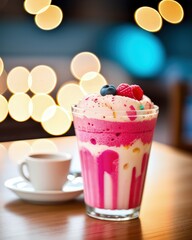 Frozen ice cream in cup, cupcake. Food photography in restaurant with defocused bokeh lights.