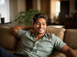 Fototapeta premium A serene photograph capturing a handsome young man in a state of contentment as he relaxes on a sofa in the comfort of his home's living room. 