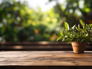 Wooden floor perspective and green forest with ray of light.