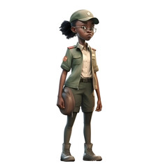 3D Render of an African American Girl in a Green Army Uniform