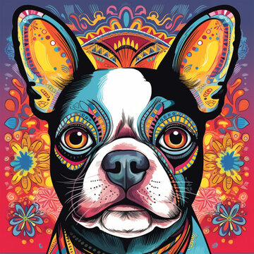 colorful realistic french bulldog. Illustration, AI generation.