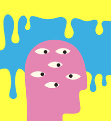 Psychedelic retro poster, man with many eyes. Vector illustration.