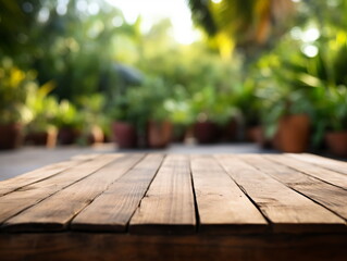 Fototapeta premium Wooden floor perspective and green forest with ray of light.