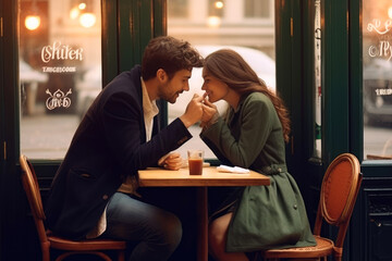 Fototapeta premium Gentleman kissing the woman's hand in table on the cafe, smiling. Generative AI