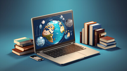 Laptop with Virtual Earth on the screen.  Books around. Homeschooling and E-learing concept.