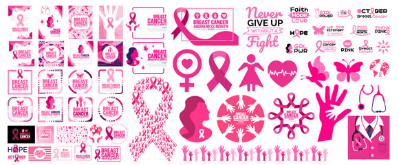 big mega bundle set of breast cancer awareness month elements. social media post, typography, ribbon,  women, girl,  world map, butterfly,  use to background, book cover, banner, placard, card, poster - obrazy, fototapety, plakaty