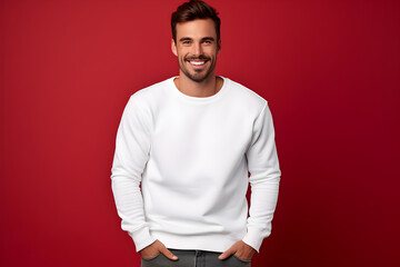 Young man wearing white sweatshirt mockup, at red background. Design pullover template, print presentation mock-up. AI generated.