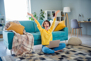 Photo of overjoyed cheerful girl celbrating browsing web netbook winning shopping sales in living room apartment - obrazy, fototapety, plakaty