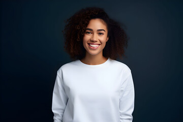 Young woman wearing white sweatshirt mockup, at dark blue background. Design pullover template, print presentation mock-up. Generated AI.