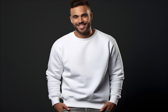 Young Man Wearing White Sweatshirt Mockup, At Dark Background. Design Pullover Template, Print Presentation Mock-up. AI Generated.