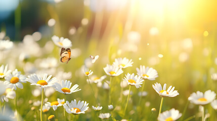 Un papillon volant en été dans un champ en fleurs avec plein de pâquerettes.  - obrazy, fototapety, plakaty