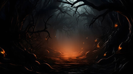 Un chemin dans la nuit en forêt avec des citrouilles pour Halloween.