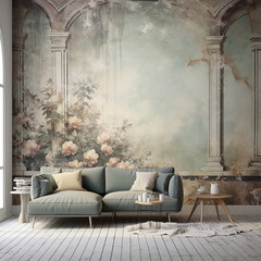 Vintage interior of a room with a green counch and  vintage wallpaper with drawn arches. 