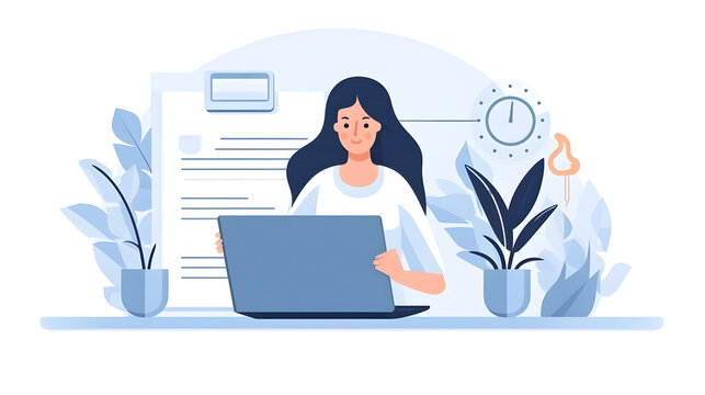 Une illustration d'une femme en train de faire du t&eacute;l&eacute;travail &agrave; un bureau avec son ordinateur portable. 