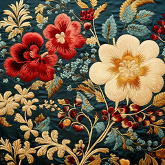 Close up of red and yellow flowers on a vintage fabric.