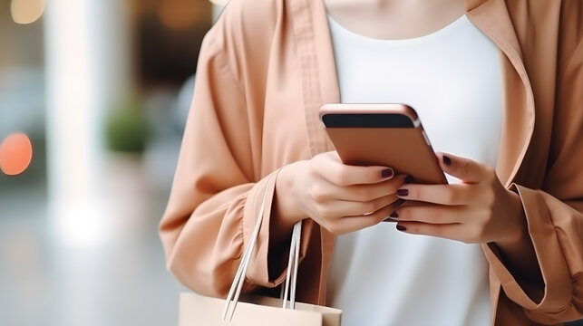 Une femme en train d'effectuer du shopping depuis son smartphone. Des sacs sont accroch&eacute;s &agrave; son bras.