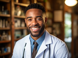 Fototapeta premium Portrait of friendly male doctor in workwear with stethoscope on neck