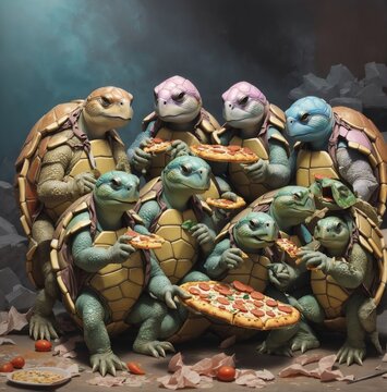 picture of a bunch of turtles eating pizza
