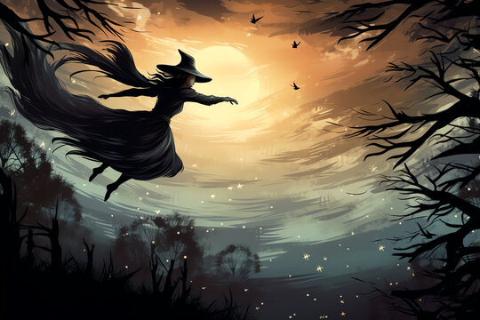 A witch soaring through the moonlit sky on Halloween night created with Generative AI technology