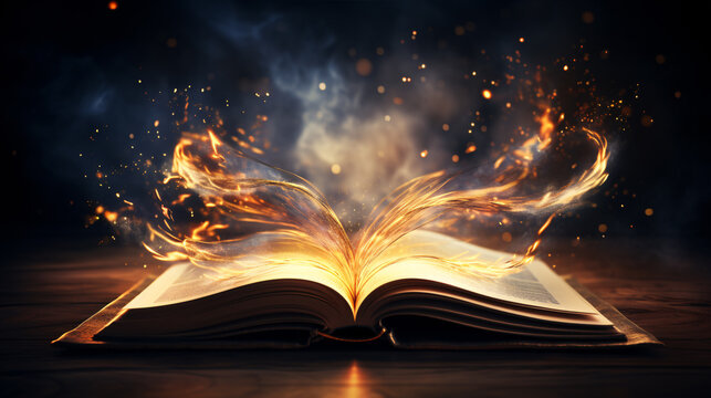 Book With Open Pages. Magic Vibe And Abstract Lights Shining In Darkness