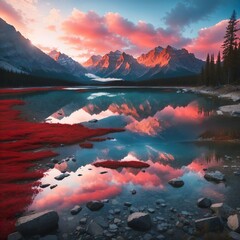 Fototapeta na wymiar Tilted photo of a body of water surrounded by trees and mountains, beautiful sunrise lighting red and blue reflections