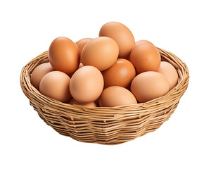 A wicker basket of fresh eggs, isolated on white or transparent background.
